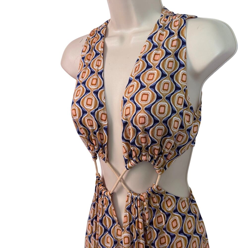 Seventeenstars Cut Out Maxi Dress Side Slit Blue Gold Cream Retro Print - Picture 4 of 16